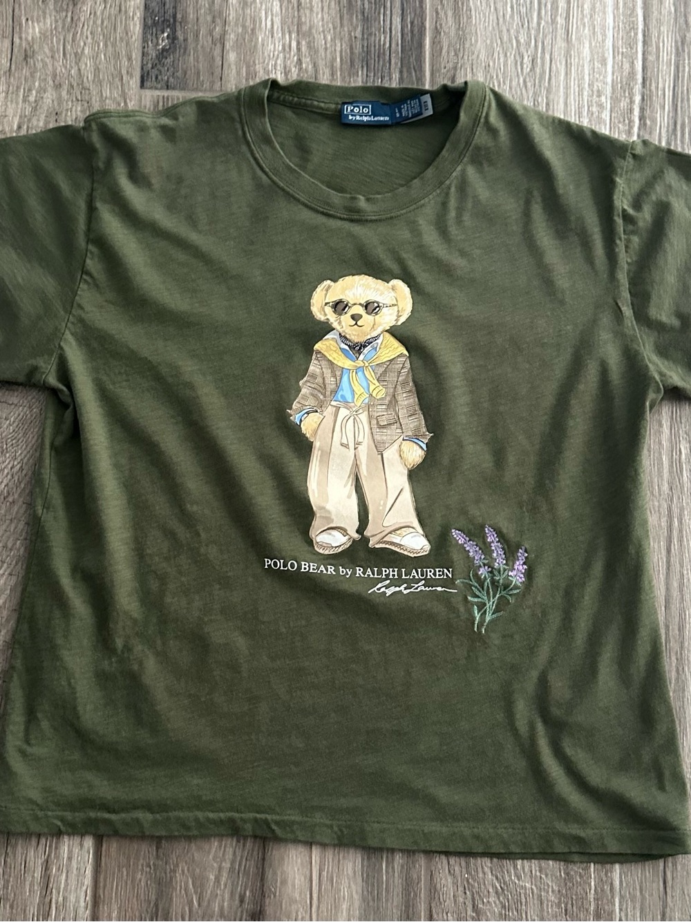 Polo by Ralph Lauren Olive Green Polo Bear Tee with Lavender Detail - Picture 2 of 6
